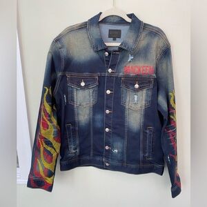 MACKEEN DENIM RHINESTONES FLAMES JEAN JACKET XL